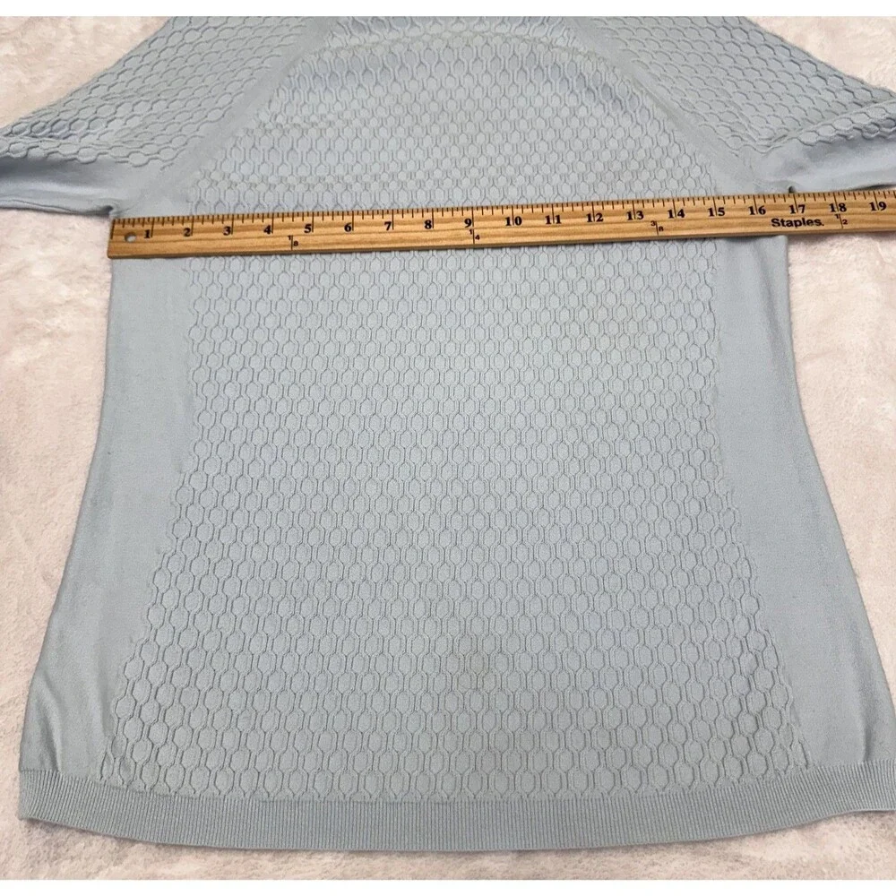 Per Se Women Light Blue Cotton Blend Textured Knit Short Sleeve Sweater Top Sz M